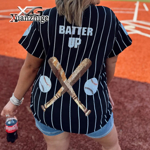 XuanZhiGe logo personalizzato di alta qualità 3D decorazione Baseball a righe applicazione <span class=keywords><strong>paillettes</strong></span> ricamo Baseball T Shirt <span class=keywords><strong>donna</strong></span> - Product Image 2