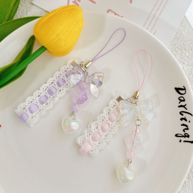Ribbon Heart Hangings Pendant Sweet Phone Strap Bag Decoration Portable Hangings Lanyard Gift for Girls Women
