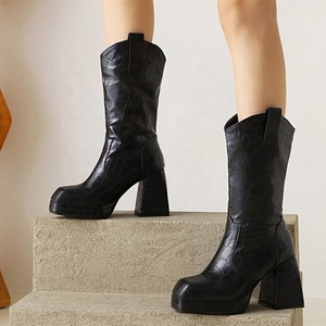 Botas de plataforma con suela gruesa para mujer, botas de moda de piel con estampado de piedras, caña media, tacón cuadrado retro, cremallera lateral, talla grande 43 - Product Image 3