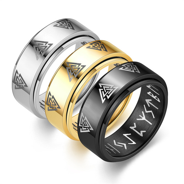 Fashion 18K Gold Plated Trendy Viking Text Titanium Steel Ring Rotating Eternal Triangle Knot Pop Jewelry