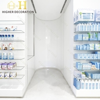 Comptoir de présentation minimaliste blanc pour pharmacie, étagères de pharmacie durables et personnalisées pour magasin de produits médicaux