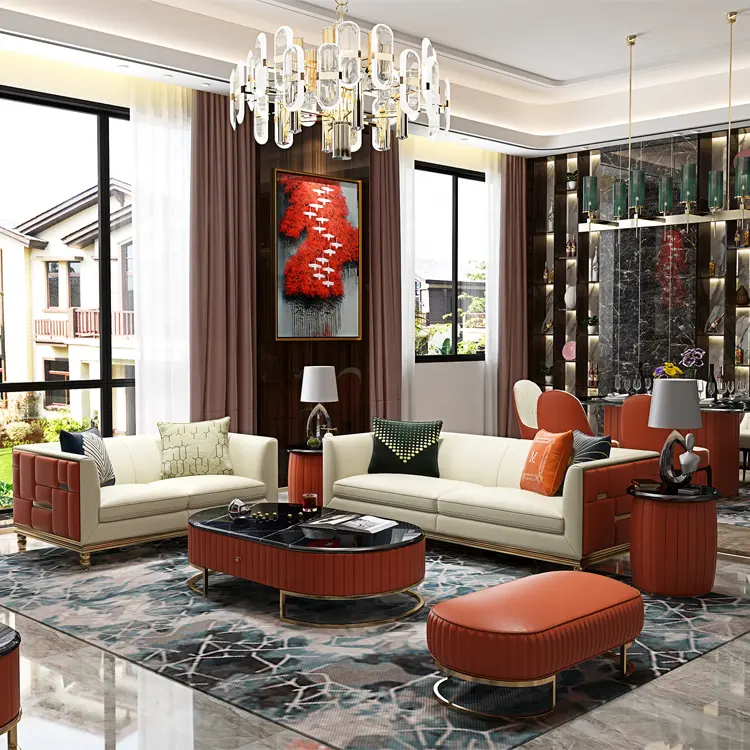 Modern Luxury Living Room In Pelle Rossa 3 Pezzi Sofa Set