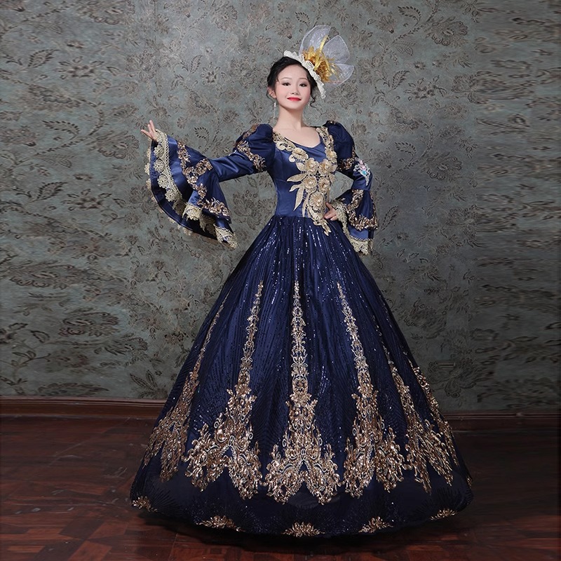 green emerald velvet dress Ball Gown Square Neck 3/4 Length Sleeves Floor-Length Victorian Party Costume Cosplay Rococo Prom Dress, One-Size / Blue