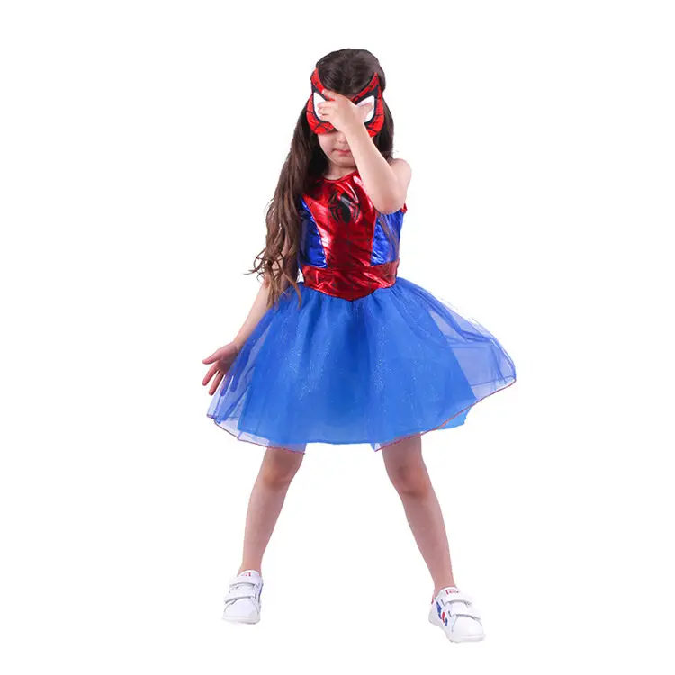 Halloween Cosplay Stage Performance Heroic Spiderman Costume Girl Spider Cobweb Printing Shiny Blue Gauze Dress with Mask