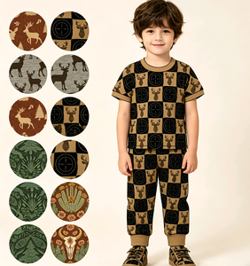 ชุดนอนเด็กผู้ชายลายสัตว์ป่าตะวันตกแบบสั่งทำพิเศษ ผ้าฝ้าย 95% ผสมสแปนเด็กซ์ 5% ชุด 2 ชิ้น ชุดเสื้อผ้าเด็กชาย - Product Image 1