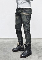 Jeans skinny cargo en denim pour homme, effet nuage foncé enduit de cire
