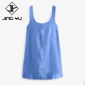 Vestido de Verano Azul Playa Personalizado de Fábrica con Costuras en Contraste Premium, Vestido Mini de Lino 100% Transpirable de Alta Calidad - Product Image 6