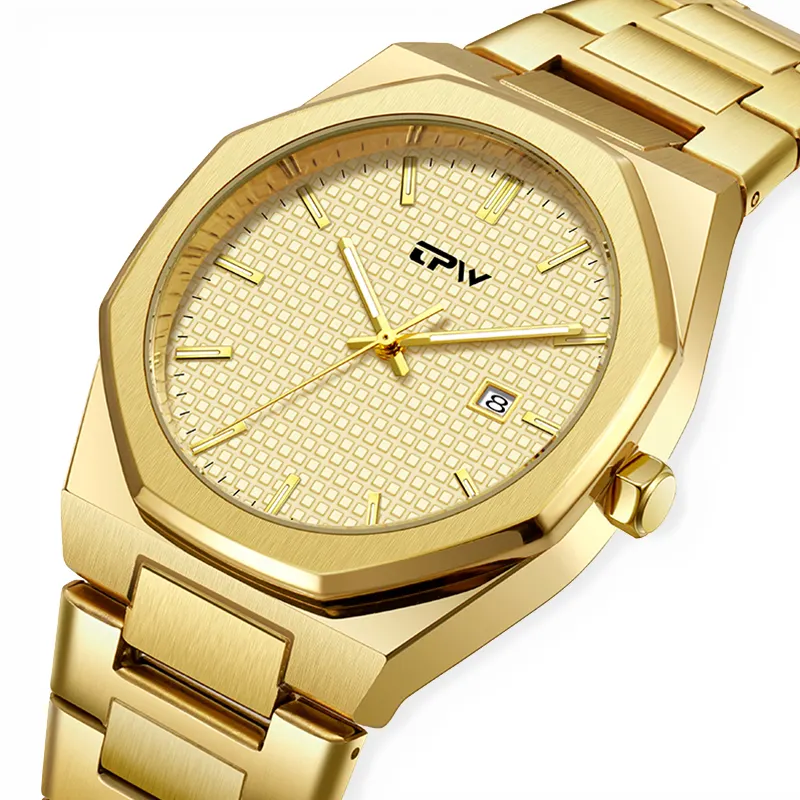 Hochwertige Luxus Golden Analog Edelstahl Quarzuhren für Männer mit komplettem Kalender Logo Relojes De Cuarzo
