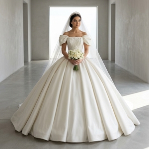 Lscm116 Romantic Ivory Off Shoulder Square Neck Puff Sleeve Lace Applique Corset Plain Satin Ball Gown <b>Wedding</b> Dress Jancember - Product Image 1