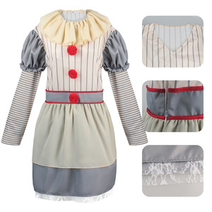 Disfraz de payaso para mujer, vestido de poliéster con mangas abullonadas a rayas grises, disfraz de Halloween, talla para adulto - Product Image 3