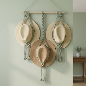 Porte-chapeaux mural bohème en macramé, support de rangement pour chapeaux de paille, organisateur d'entrée, style fibre végétale à un seul niveau - Product Image 3