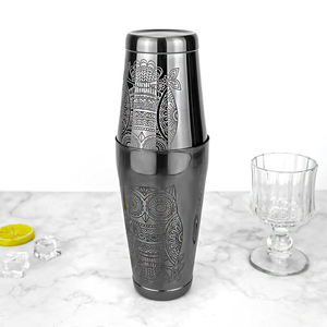 <span class=keywords><strong>Shaker</strong></span> Boston en acier inoxydable poli miroir 850/550 ml, gravé sur mesure avec un motif hibou, pour <span class=keywords><strong>barman</strong></span>, mélange de cocktails et boissons - Product Image 1