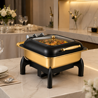 Piring Sajian Prasmanan Mewah Hitam Emas Stainless Steel Chafing Dish Persegi Penghangat Makanan Komersial untuk Hotel