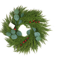 Karangan Bunga Natal Buatan dari Jarum Pinus, Hiasan Pintu untuk Liburan, Hijau Merah dengan Buah Berry, Dekorasi Dalam & Luar Ruangan