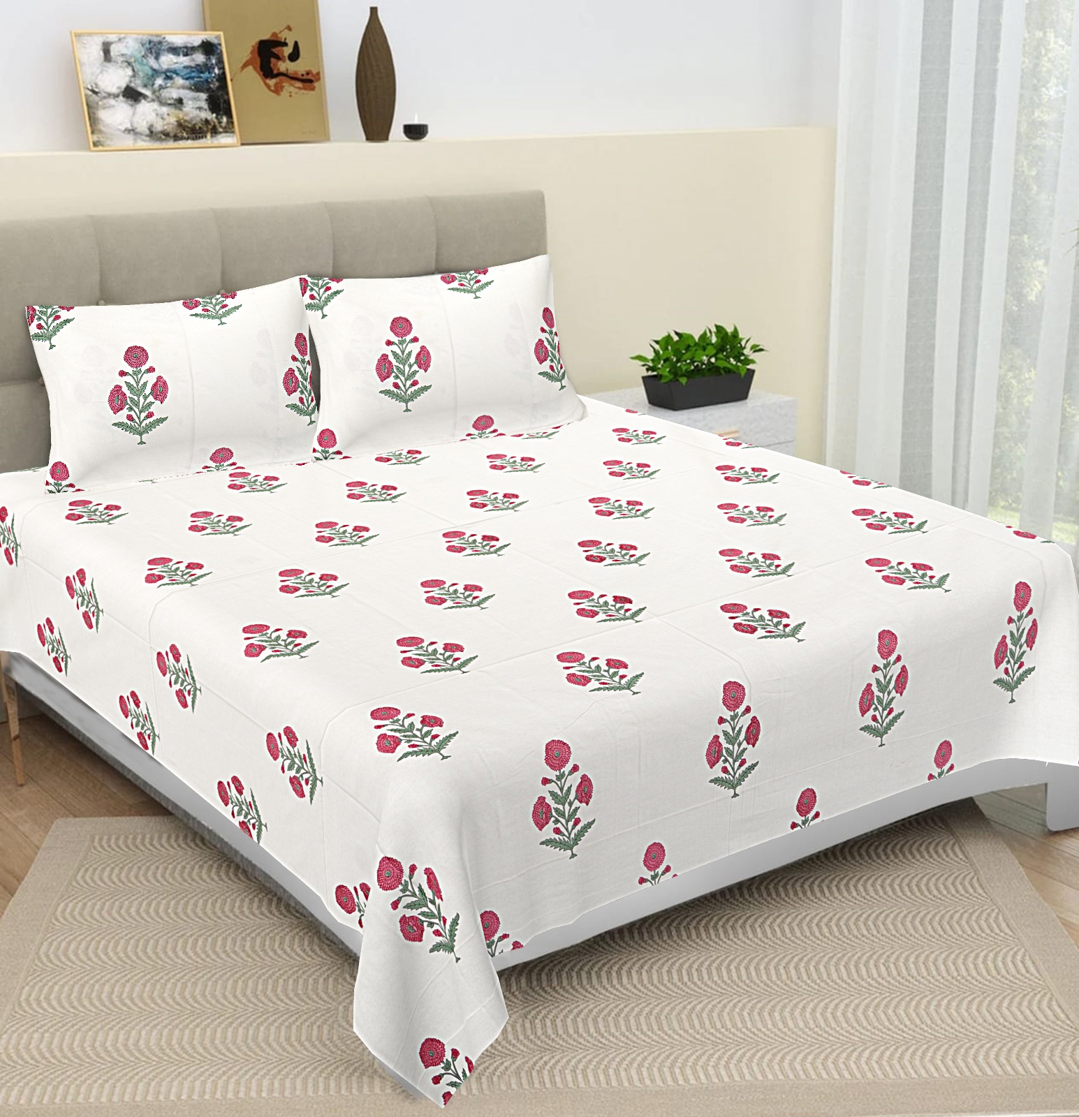 ROYAL Premium Design King Size Sábanas con 2 fundas de almohada 100% Algodón Estampado floral Sábana Nuevo estilo de la India Uso doméstico