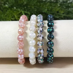 Wholesale Price 6mm Faceted MOP Beads Mosaic Abalone Shell Natural Mother of Pearl Beads Pink White Beaded Bracelet for Gifts