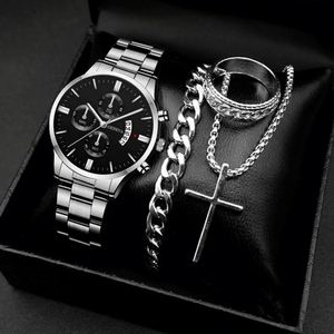 Ensemble de montres à quartz pour hommes en gros avec bracelet en acier inoxydable et collier pendentif – Montre de style professionnel et tendance - Product Image 1