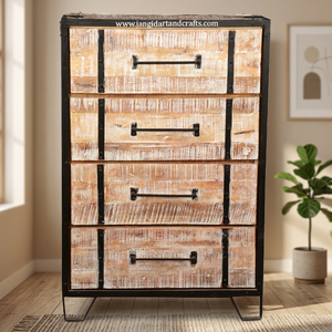 Mesa de Almacenamiento Vintage Industrial de Madera de Mango con 4 Cajones, Patas Metálicas y Tiradores, Mueble para Sala de Estar, Artesanía Jangid, Hogar Rajasthan - Product Image 5