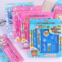 Ensemble de papeterie en plastique pour enfants de 9 pièces avec crayon, gomme, design de dessin animé mignon personnalisé, emballage et logo personnalisés