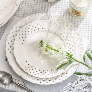 Rétro En Relief Évider <span class=keywords><strong>Bambou</strong></span> Motif <span class=keywords><strong>Assiettes</strong></span> En Céramique Ensemble Dîner Salade Plateau De Service Plats pour Nordic Ménage Restaurant - Product Image 2