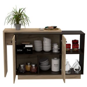 Chariot d'îlot de cuisine avec 1 tiroir et 2 étagères, design moderne en wengue noir et chêne clair - Product Image 6