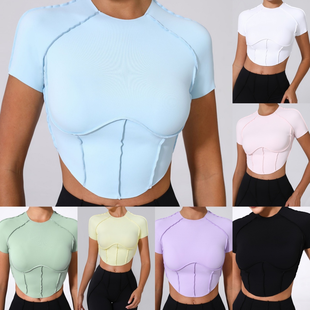 Yimo 7 Colors Women Solid Colors Yoga Tops Lady Fashion Round Neck Sport Clothes Female Fitness Workout Gym Shirts