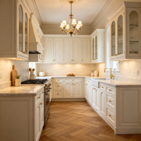 Meubles de cuisine modulaires écologiques sur mesure, style français, beige clair, conception 3D, armoires à panneaux en relief, vitrine en verre