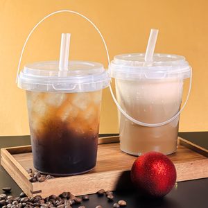500ml/1000ml/2000ml Milk Tea Shop Takeout Juice Container Plastic Drink Bucket Handle Custom <b>Reusable</b> Boba <b>Cups</b> <b>Lids</b> UV Coated - Product Image 5