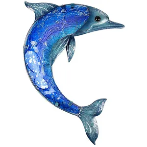 Grosir biru wall sculpture-Patung Ikan Kaca Biru Dekorasi Laut Gantung Luar Ruangan Seni Dinding Lumba-lumba Logam untuk Teras Kolam atau Kamar Mandi