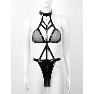 Bikini de una pieza con cremallera y diseño hueco de piel sintética de malla para mujer, lencería sin mangas de spandex negro - Product Image 3