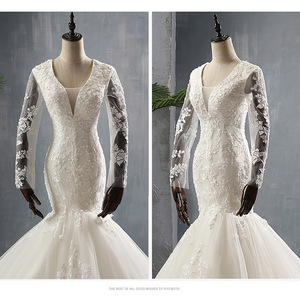 Recién llegado, vestido de novia de <span class=keywords><strong>sirena</strong></span> de manga larga con cuello redondo transparente elegante con foto <span class=keywords><strong>Real</strong></span>, vestido de novia de cola de <span class=keywords><strong>pez</strong></span> de encaje hermoso - Product Image 4