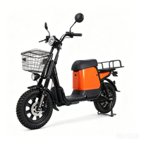 Scooter électrique urbain avec pneus larges, panier avant et porte-bagages arrière, freins à disque, suspension intégrale pour adultes