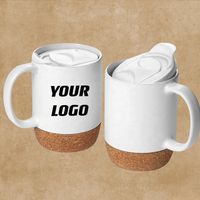 Tasses en céramique réutilisables écologiques personnalisées en gros, noires et blanches, avec fond en liège et couvercle coulissant, compatibles micro-ondes, design minimaliste