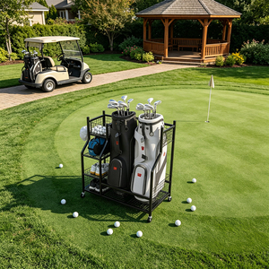Estante de Almacenamiento para Palos de <span class=keywords><strong>Golf</strong></span> para Tiendas de <span class=keywords><strong>Golf</strong></span> y Clubes, Soporte Rodante Doble para Bolsas de <span class=keywords><strong>Golf</strong></span> con Cestas de Malla y Estantes para Zapatos - Product Image 2