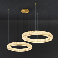 Luminaire suspendu moderne à 2 anneaux en albâtre |   Lustre LED circulaire en laiton doré pour salle à manger et îlot de cuisine