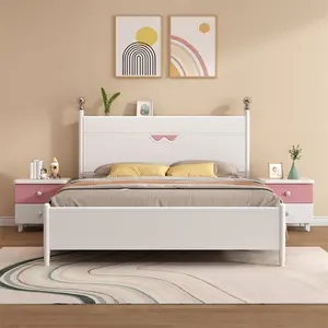 आधुनिक फर्निशिंग लकड़ी निलंबित होटल फर्नीचर हार्डवुड लो बेड फ्रेम मिनिमलिस्ट बच्चों के बिस्तर हैलो किटी बच्चों के लिए कार्टून बेड