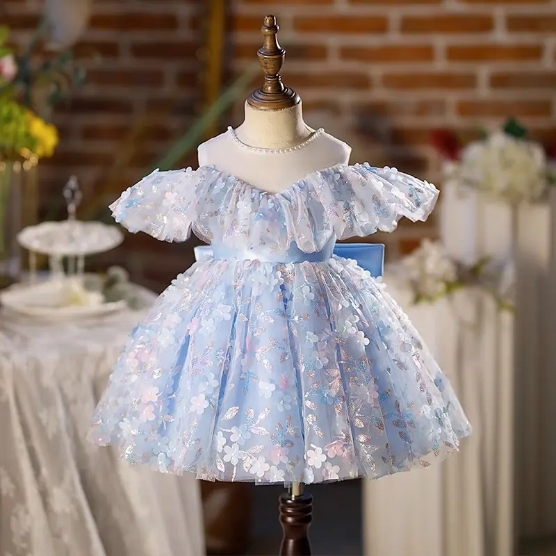 Fabrieksprijs Val Lovertjes Off-Shoulder Tule Bloem Meisjes Trouwjurken Frock Peuter Kids Avondfeest Prom Baby Clothe