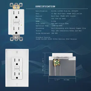 GW15 Socket Us Wall Outlet Weather Resistant Duplex Self Test Gfci Receptacle Outdoor Outlet