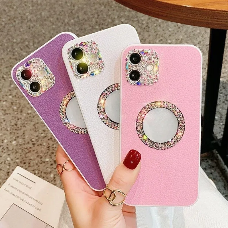 pu leather strong magnetic flip anti drop phone case with glass camera and diamond pure vegan phone case for iphone 11