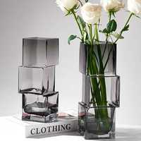 Vase en verre empilable de style nordique luxueux et créatif, vase à fleurs géométrique carré moderne pour la décoration de table à la maison