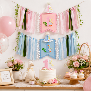 Pafu Décoration de toile de fond photo pour <span class=keywords><strong>baby</strong></span> shower, guirlande à pompons, ensemble bannière et chapeau pour le premier anniversaire de la bébé-oie, ensemble de toile de fond photo pour anniversaire de la bébé-oie - Product Image 2