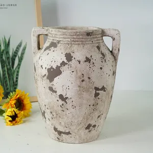 Chinese traditional double ears interior decoration rustic clay terracotta flower vases vintage floor vase for home decor