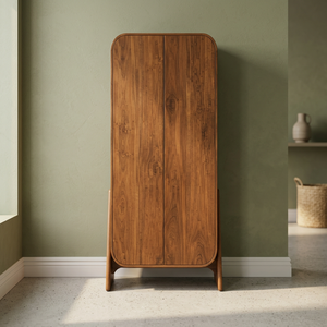 Armoire de rangement haute en bois de manguier massif avec double porte et pieds inclinés |   Armoire en bois de style moderne du milieu du siècle - Product Image 1