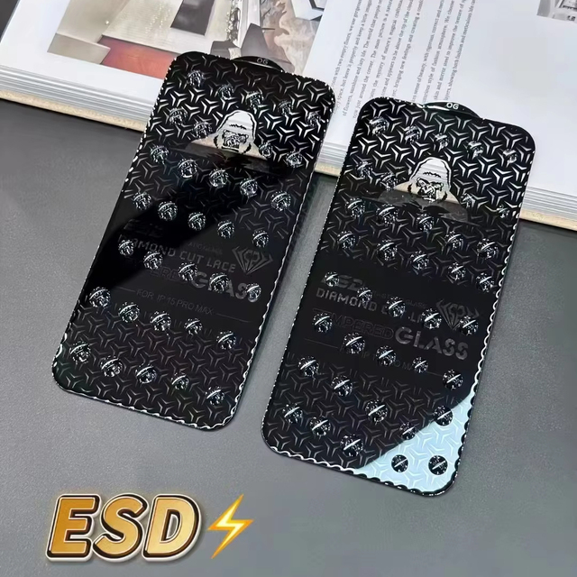 Good Quality ESD Black King Kong Diamond Cut Edge Screen Protector Tempered Glass for iPhone 17 16 15 14 13 12 11 Pro Max