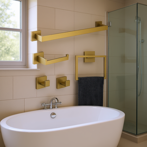 Set di Accessori per Bagno in Acciaio Inox da Parete, Finitura Ottone Spazzolato, Design Contemporaneo, Set di 5 Pezzi - Product Image 2