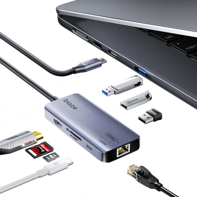 8-in-1 Aluminum Alloy USB-C Hub USB3.0/2.0 4K60Hz RJ45 Lan Ethernet PD 100W Charging SD/TF Card Readers Multiport in Stock