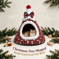 Lit-tente pour chien et chat en tissu, design festif, multicolore, en forme de sapin de Noël, semi-fermé, pour l'hiver, vente en gros