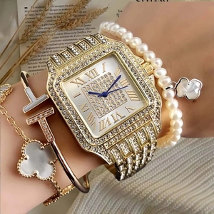 Montre à quartz pour homme et femme, bracelet en alliage de luxe, style crocodile, cadran rond simple et élégant, chiffres romains, lunette sertie de strass - Product Image 4