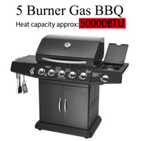 Barbecue à gaz d'extérieur de haute qualité à 5 brûleurs, brûleur latéral, acier inoxydable 304, robuste, fonte noire, pliable, flamme de camping