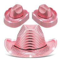 Cappello da Cowboy Western con LED per Adulti, Cappello da Cowboy con Paillettes Argento e Bordo Luminoso Bianco per Feste